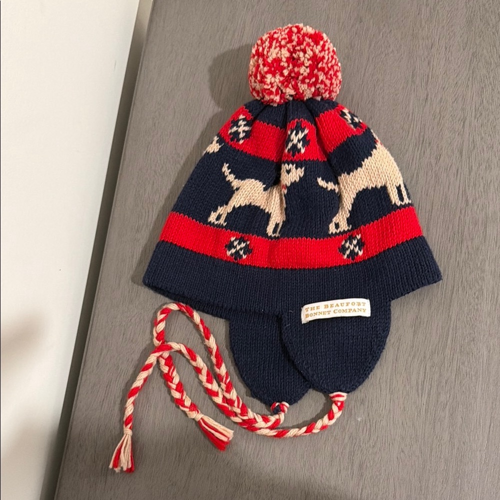 The Beaufort Bonnet Company Kids Navy & Red Dog Knit Pom Beanie